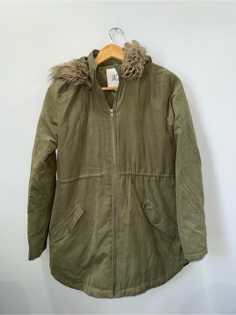 JACK Coat Women’s XS Olive Green Hooded Parka Jacket with Faux Fur Trim !